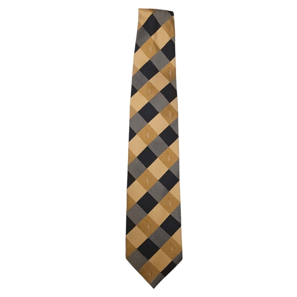 Valentino Chemises Tie Silk Gold Check Plaid Equestrian Classic Pointed Necktie - Picture 2 of 5